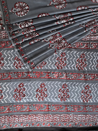 SUJAIN: HANDBLOCK BAGRU PRINTED ICE BLUE MODAL SILK SAREE
