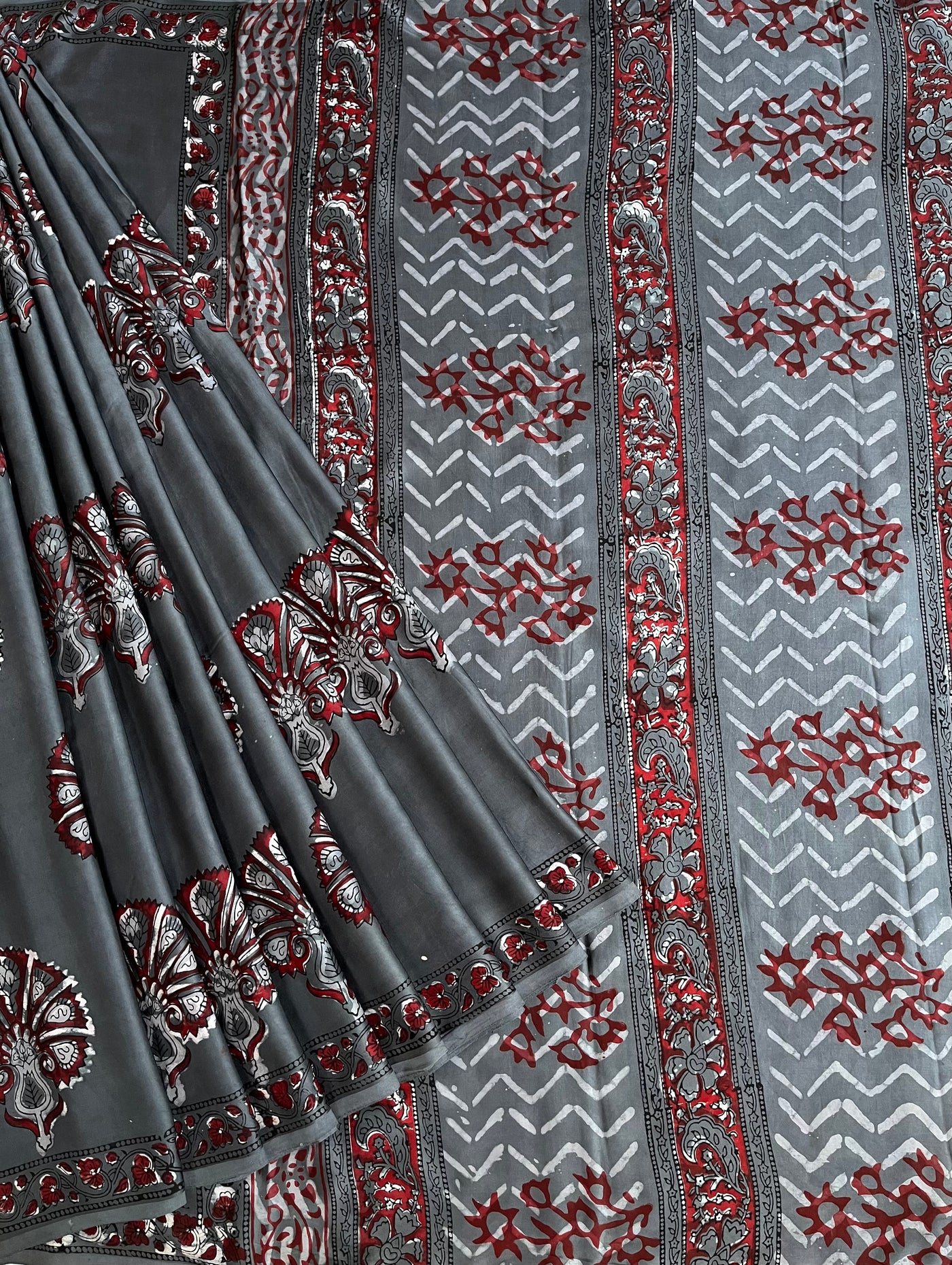 SUJAIN: HANDBLOCK BAGRU PRINTED ICE BLUE MODAL SILK SAREE