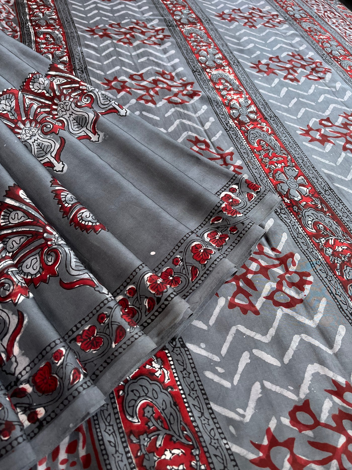 SUJAIN: HANDBLOCK BAGRU PRINTED ICE BLUE MODAL SILK SAREE