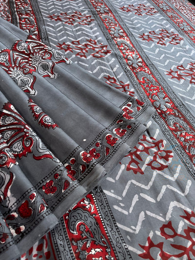 SUJAIN: HANDBLOCK BAGRU PRINTED ICE BLUE MODAL SILK SAREE