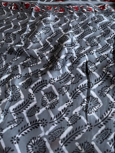 SUJAIN: HANDBLOCK BAGRU PRINTED ICE BLUE MODAL SILK SAREE