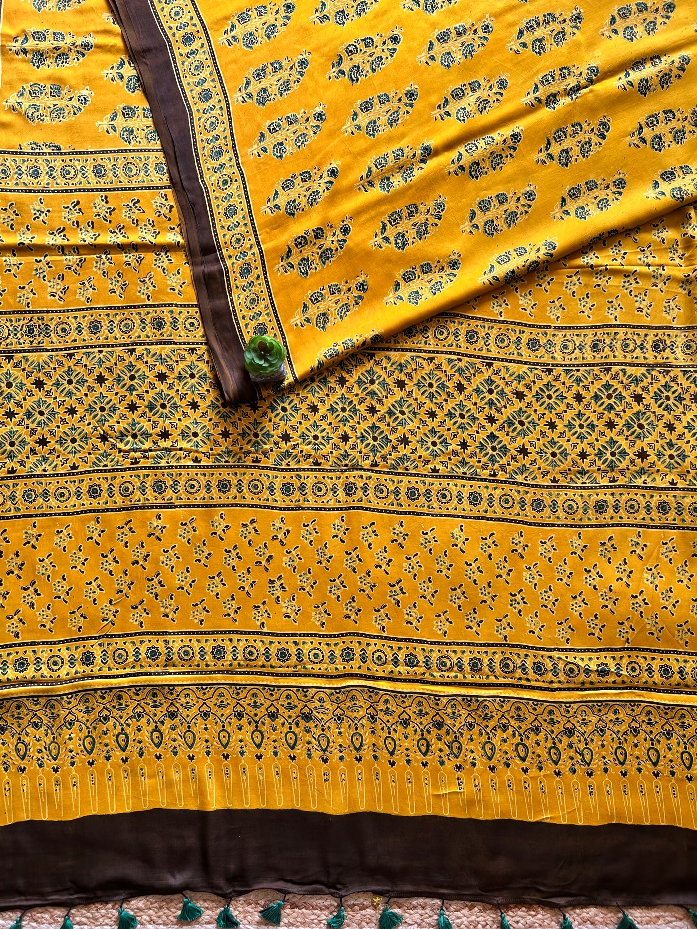GENDA PHOOL:TURMURIC YELLOW,HAND BLOCK AJRAKH MODAL SILK SAREE