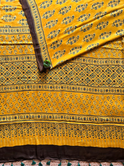 GENDA PHOOL:TURMURIC YELLOW,HAND BLOCK AJRAKH MODAL SILK SAREE