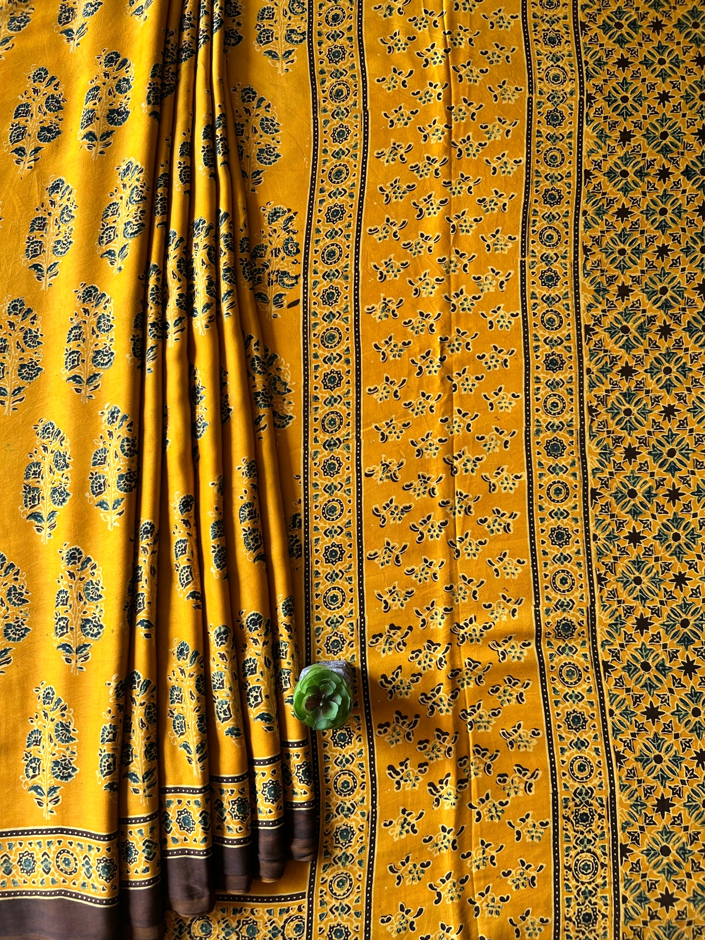 GENDA PHOOL:TURMURIC YELLOW,HAND BLOCK AJRAKH MODAL SILK SAREE