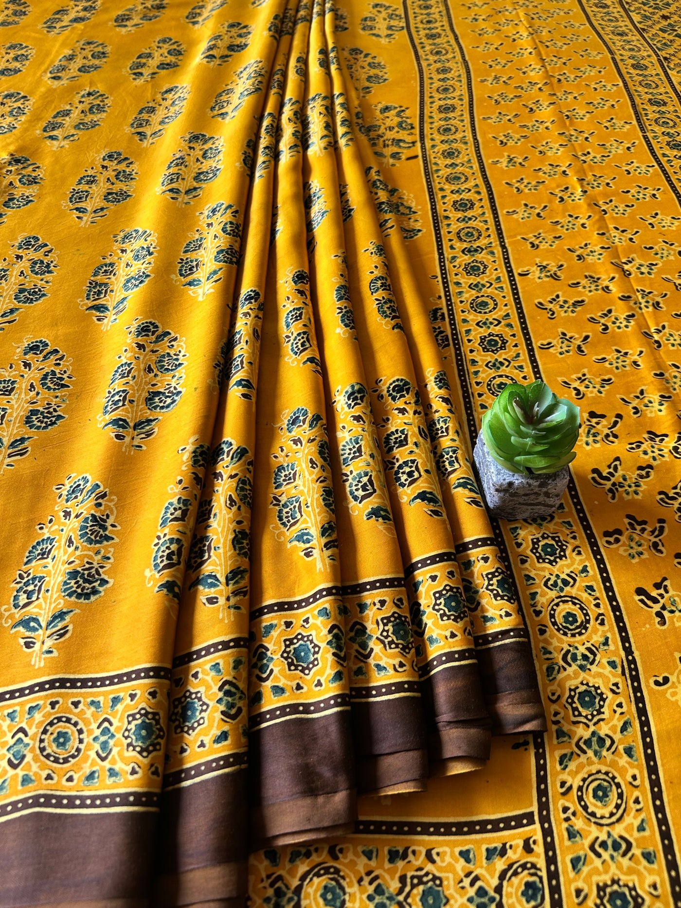 GENDA PHOOL:TURMURIC YELLOW,HAND BLOCK AJRAKH MODAL SILK SAREE