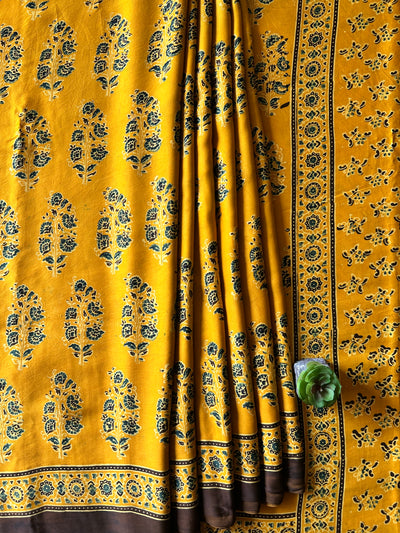GENDA PHOOL:TURMURIC YELLOW,HAND BLOCK AJRAKH MODAL SILK SAREE