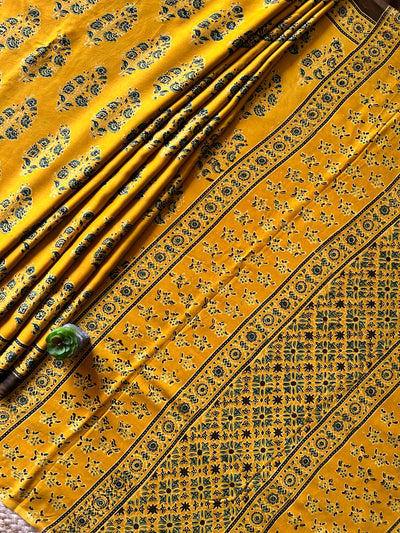 GENDA PHOOL:TURMURIC YELLOW,HAND BLOCK AJRAKH MODAL SILK SAREE