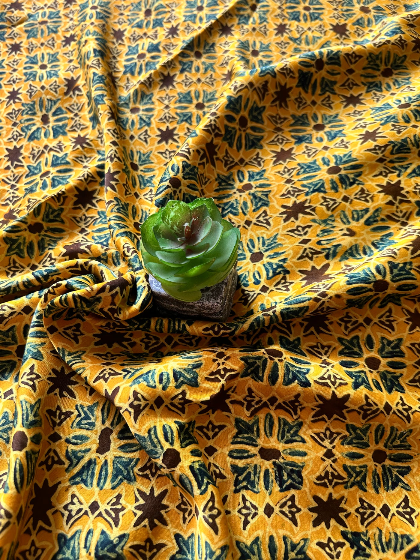 GENDA PHOOL:TURMURIC YELLOW,HAND BLOCK AJRAKH MODAL SILK SAREE