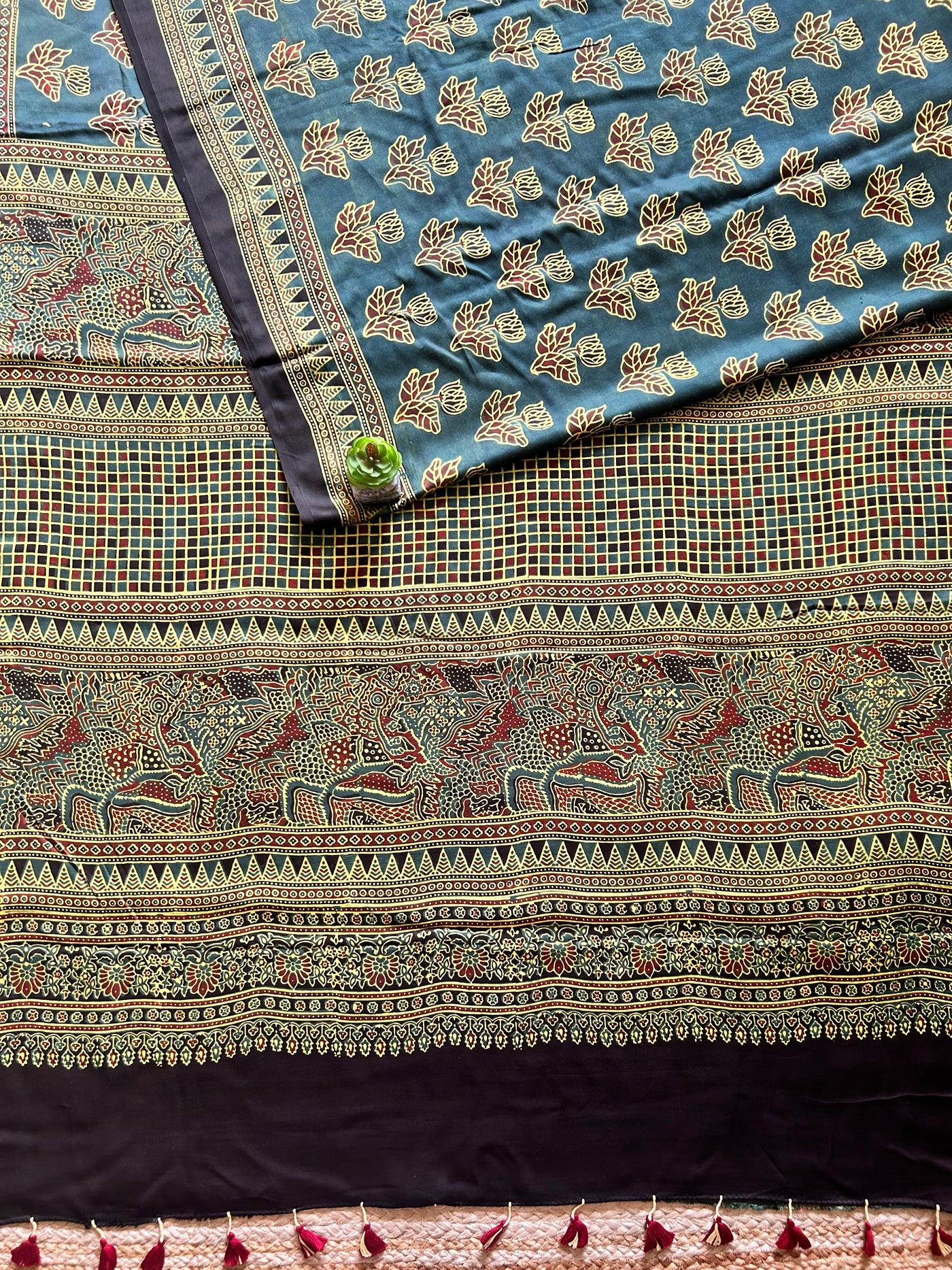 KAJARI:BOTTLE GREEN,HAND BLOCK AJRAKH MODAL SILK SAREE