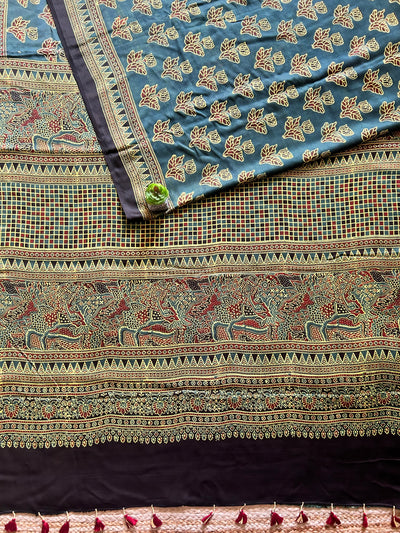 KAJARI:BOTTLE GREEN,HAND BLOCK AJRAKH MODAL SILK SAREE
