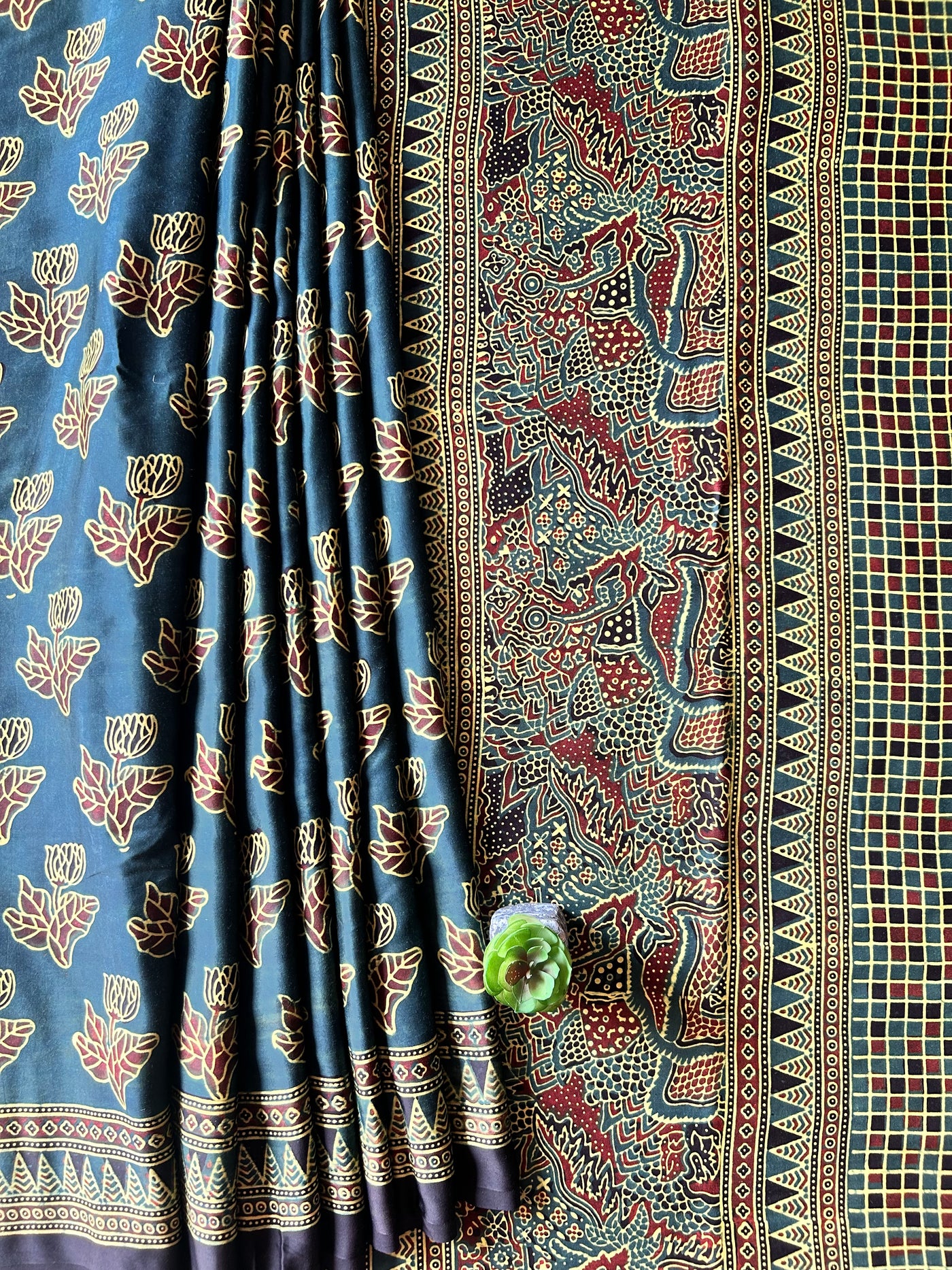 KAJARI:BOTTLE GREEN,HAND BLOCK AJRAKH MODAL SILK SAREE