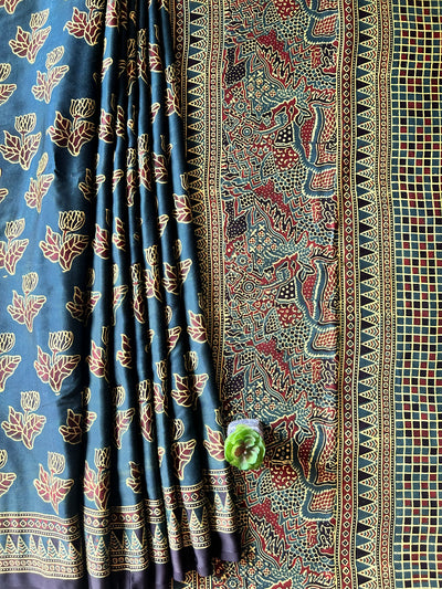 KAJARI:BOTTLE GREEN,HAND BLOCK AJRAKH MODAL SILK SAREE