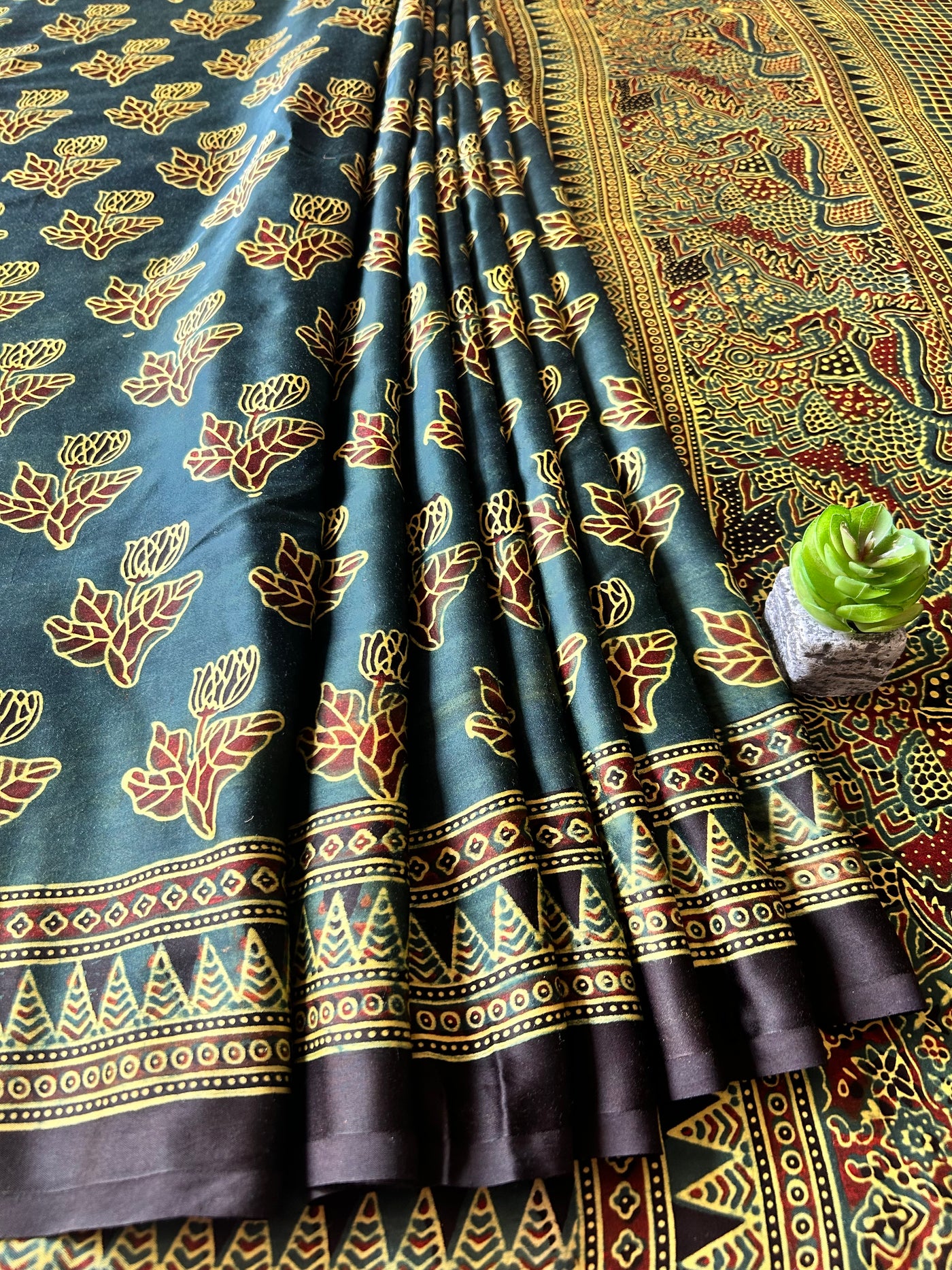 KAJARI:BOTTLE GREEN,HAND BLOCK AJRAKH MODAL SILK SAREE