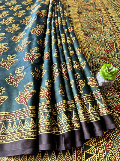KAJARI:BOTTLE GREEN,HAND BLOCK AJRAKH MODAL SILK SAREE