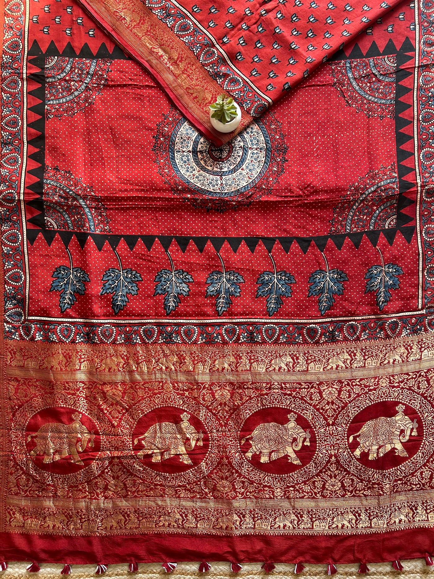 Rubina:Handblock Ajrakh Dola Silk Saree With Meenakari Pallu.