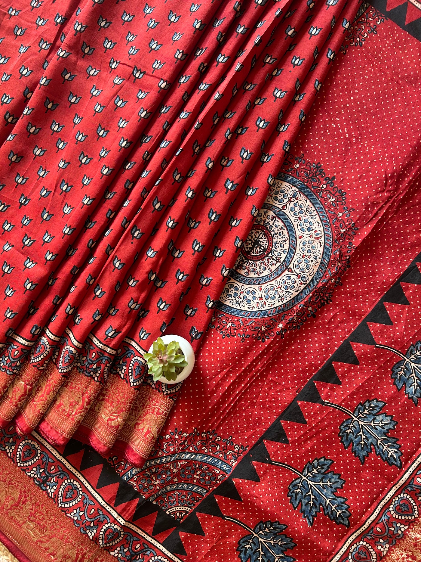 Rubina:Handblock Ajrakh Dola Silk Saree With Meenakari Pallu.