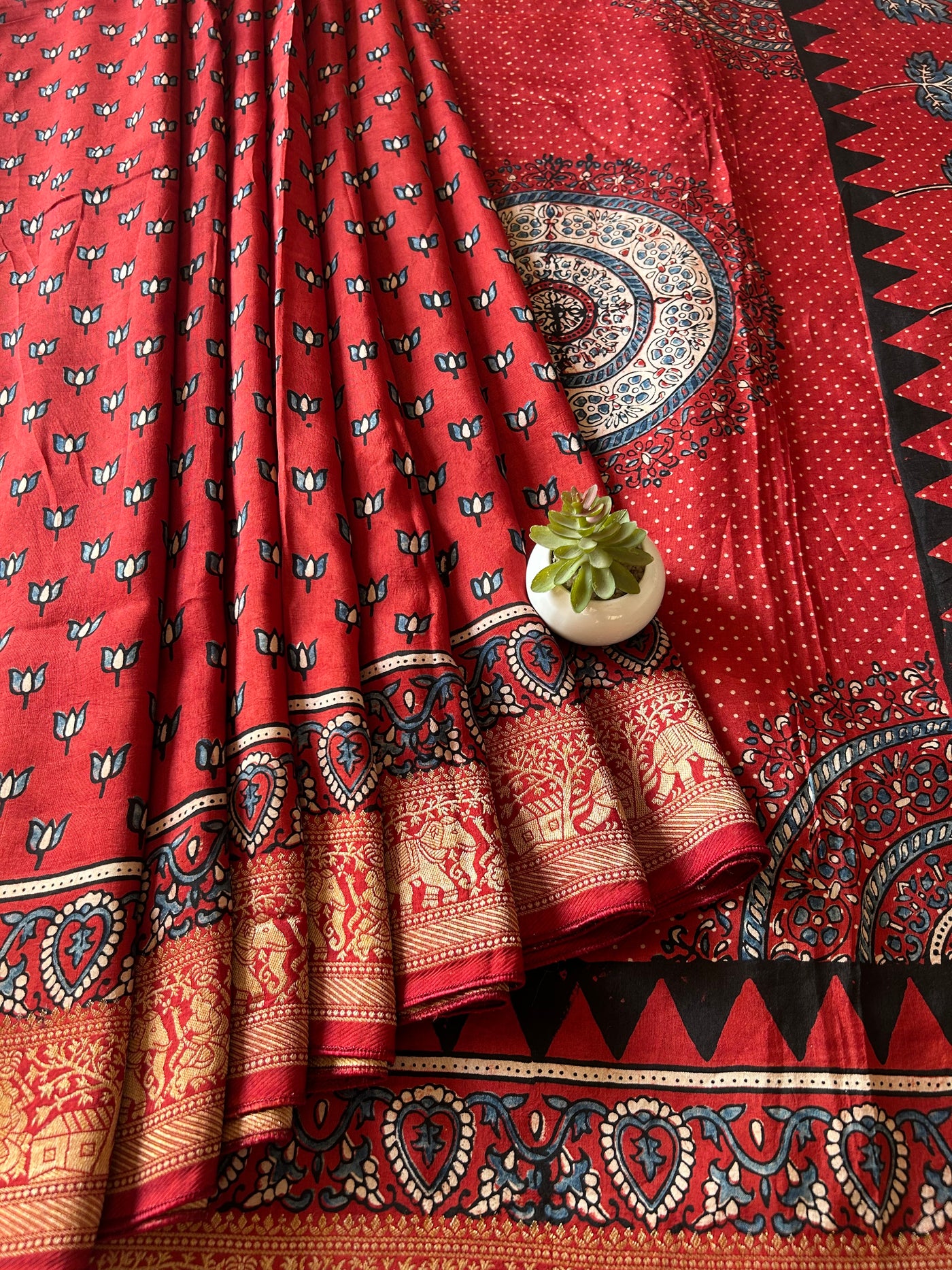 Rubina:Handblock Ajrakh Dola Silk Saree With Meenakari Pallu.