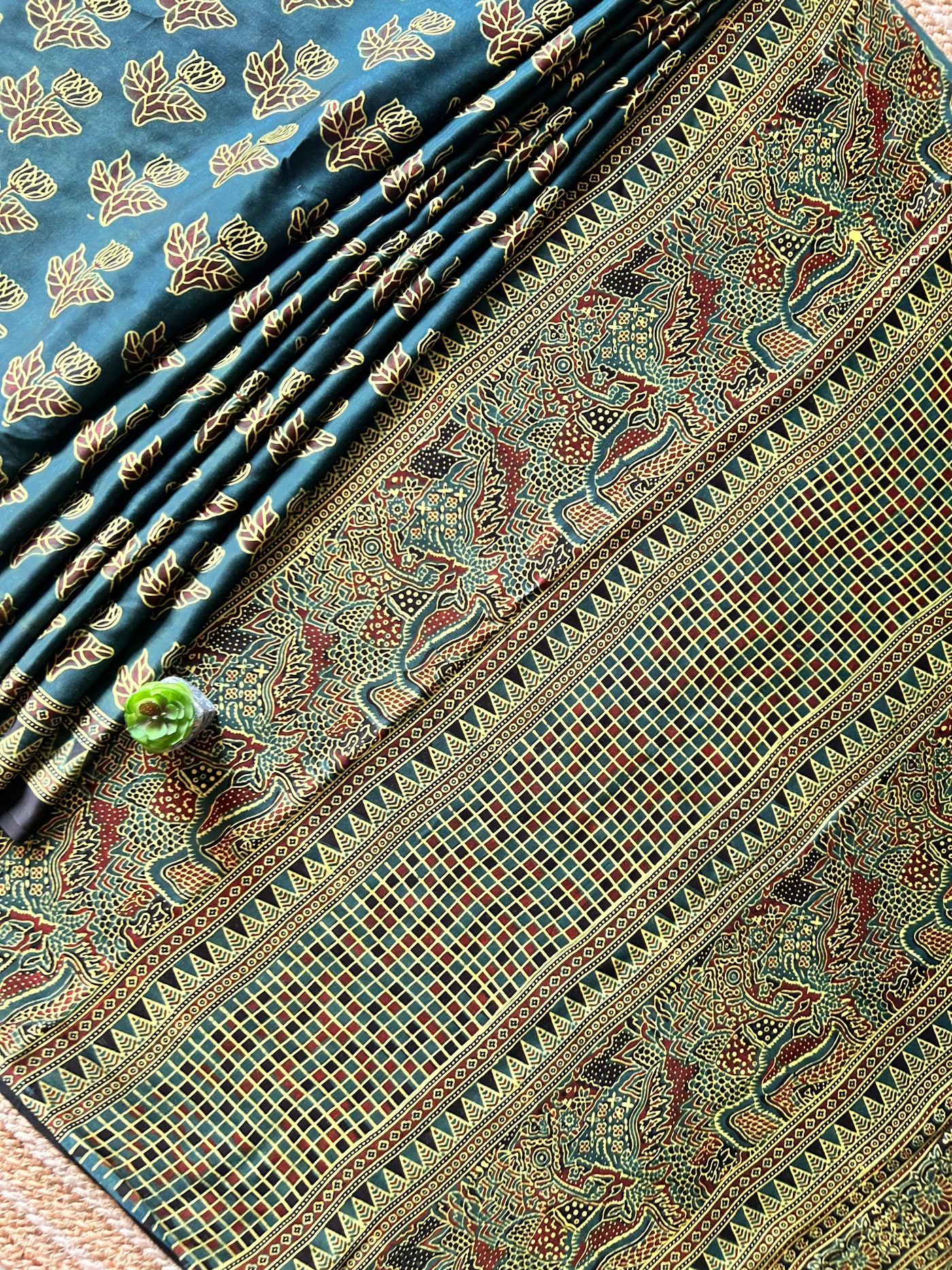 KAJARI:BOTTLE GREEN,HAND BLOCK AJRAKH MODAL SILK SAREE