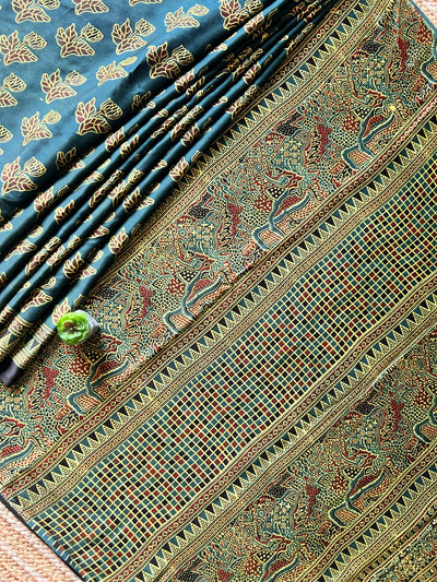KAJARI:BOTTLE GREEN,HAND BLOCK AJRAKH MODAL SILK SAREE