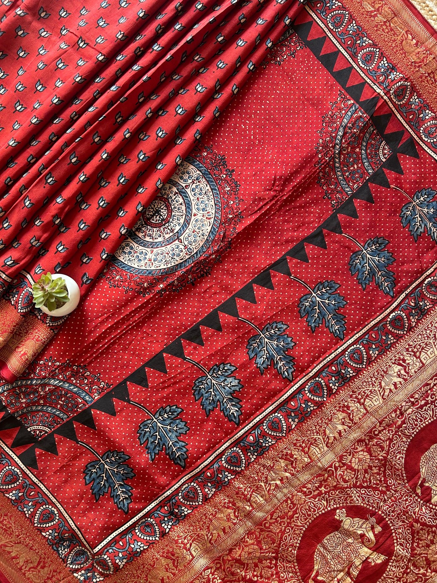 Rubina:Handblock Ajrakh Dola Silk Saree With Meenakari Pallu.