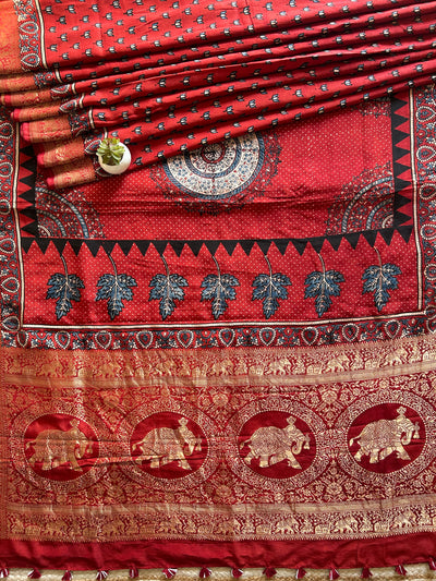 Rubina:Handblock Ajrakh Dola Silk Saree With Meenakari Pallu.