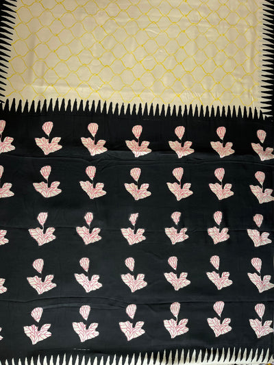 PUSHPITA:POMEGRANATE ROSE,HANDBLOCK PRINTED DABU MODAL SILK SAREE