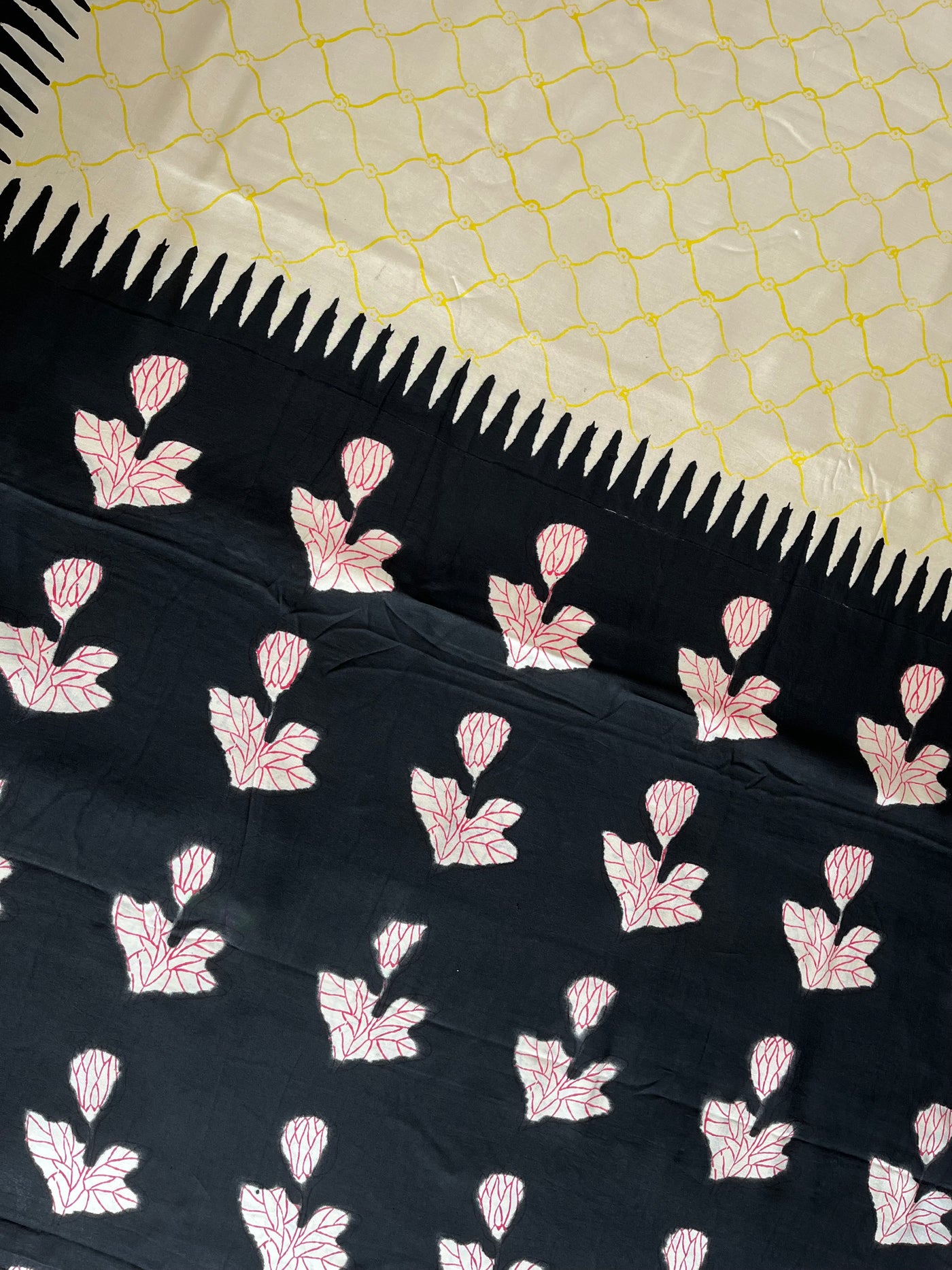 PUSHPITA:POMEGRANATE ROSE,HANDBLOCK PRINTED DABU MODAL SILK SAREE