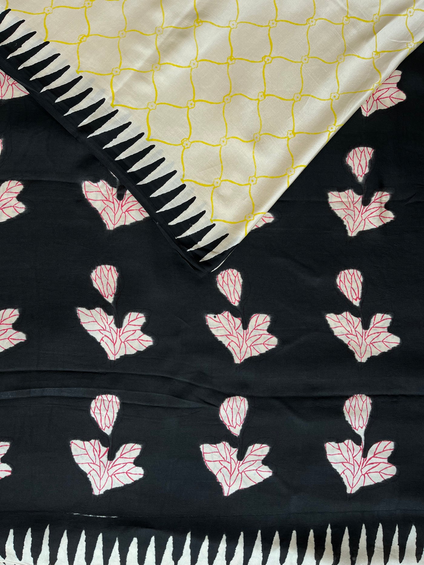 PUSHPITA:POMEGRANATE ROSE,HANDBLOCK PRINTED DABU MODAL SILK SAREE