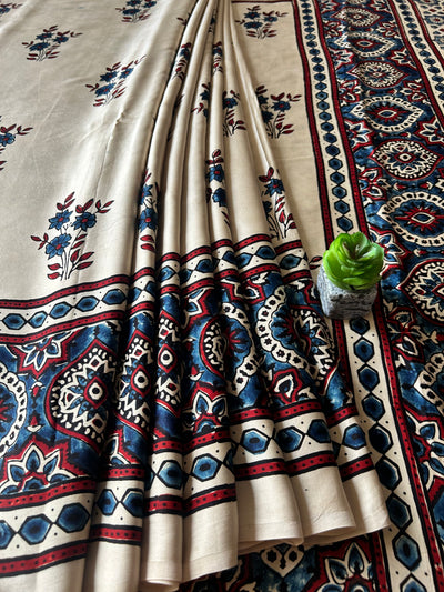 AADHYA:CREAM,HAND BLOCK AJRAKH MODAL SILK SAREE