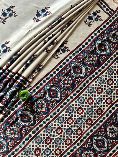 AADHYA:CREAM,HAND BLOCK AJRAKH MODAL SILK SAREE