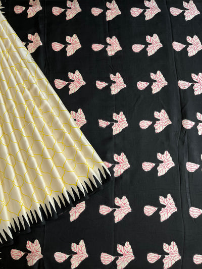 PUSHPITA:POMEGRANATE ROSE,HANDBLOCK PRINTED DABU MODAL SILK SAREE