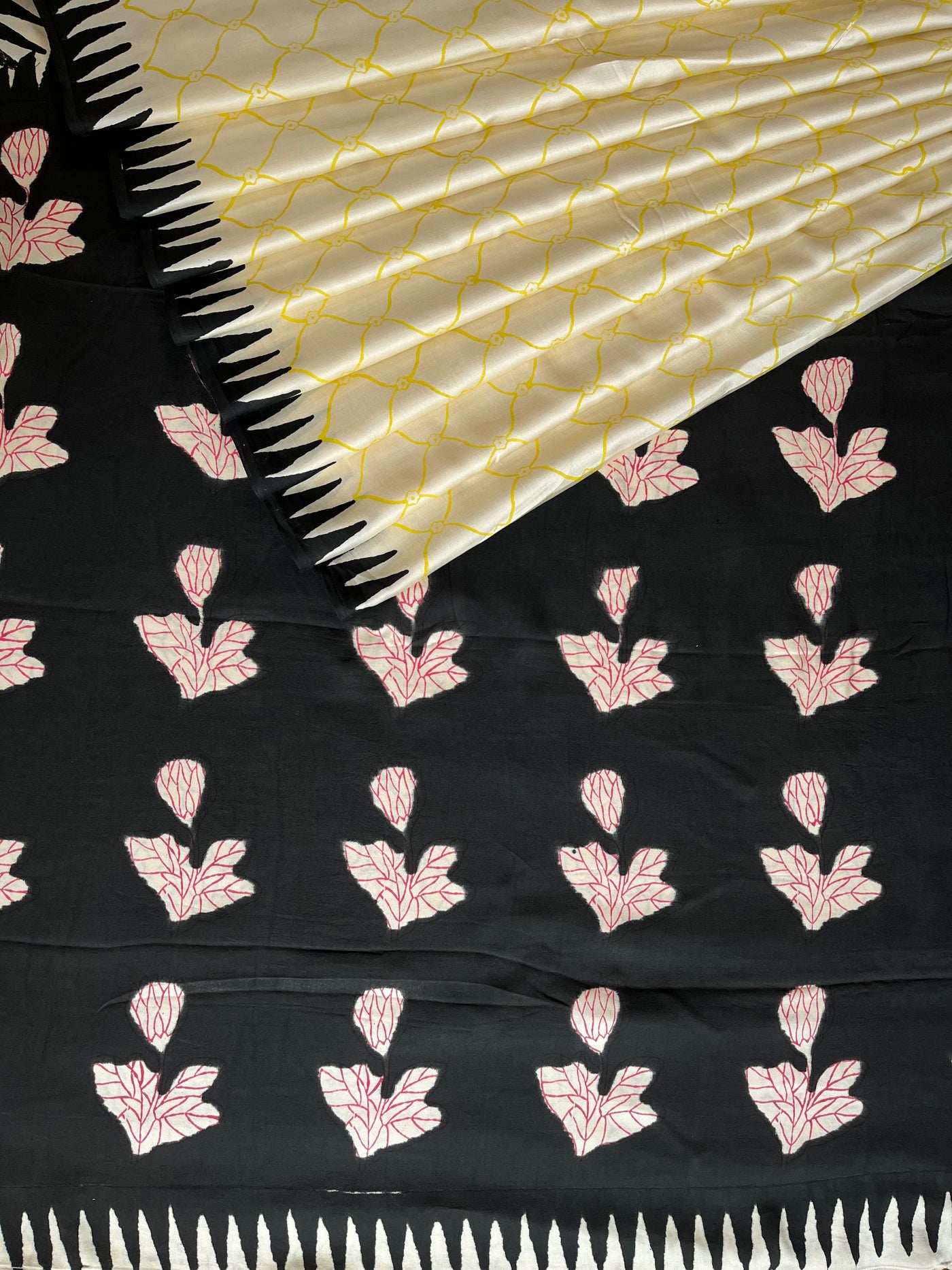 PUSHPITA:POMEGRANATE ROSE,HANDBLOCK PRINTED DABU MODAL SILK SAREE