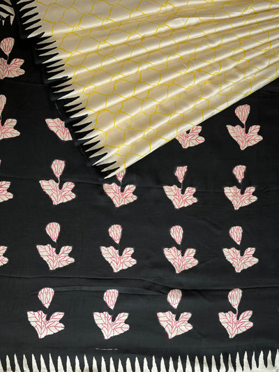PUSHPITA:POMEGRANATE ROSE,HANDBLOCK PRINTED DABU MODAL SILK SAREE