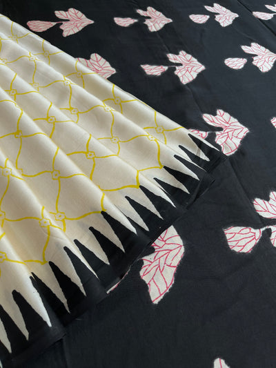 PUSHPITA:POMEGRANATE ROSE,HANDBLOCK PRINTED DABU MODAL SILK SAREE
