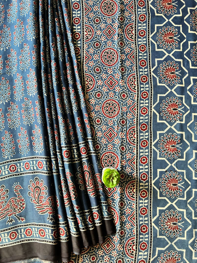 APRAJITA:INDIGO,HAND BLOCK AJRAKH MODAL SILK SAREE