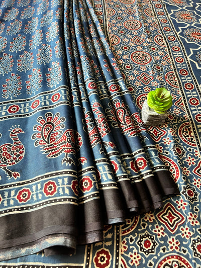 APRAJITA:INDIGO,HAND BLOCK AJRAKH MODAL SILK SAREE