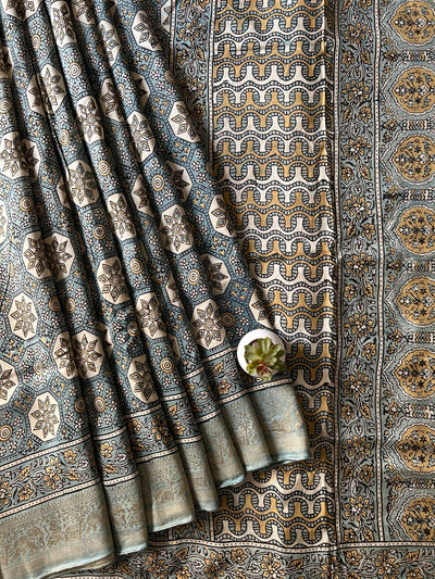 Rubaru:Handblock Ajrakh Dola Silk Saree With Meenakari Pallu.