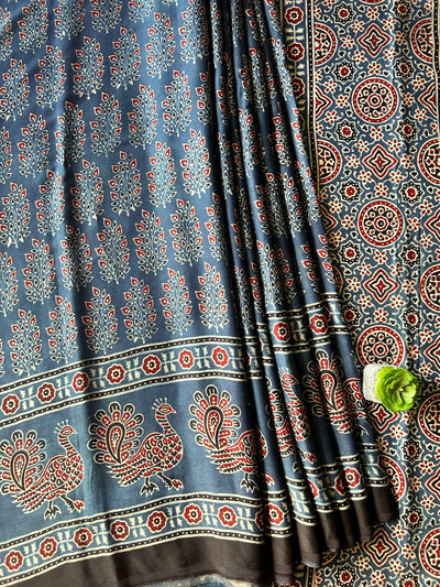 APRAJITA:INDIGO,HAND BLOCK AJRAKH MODAL SILK SAREE