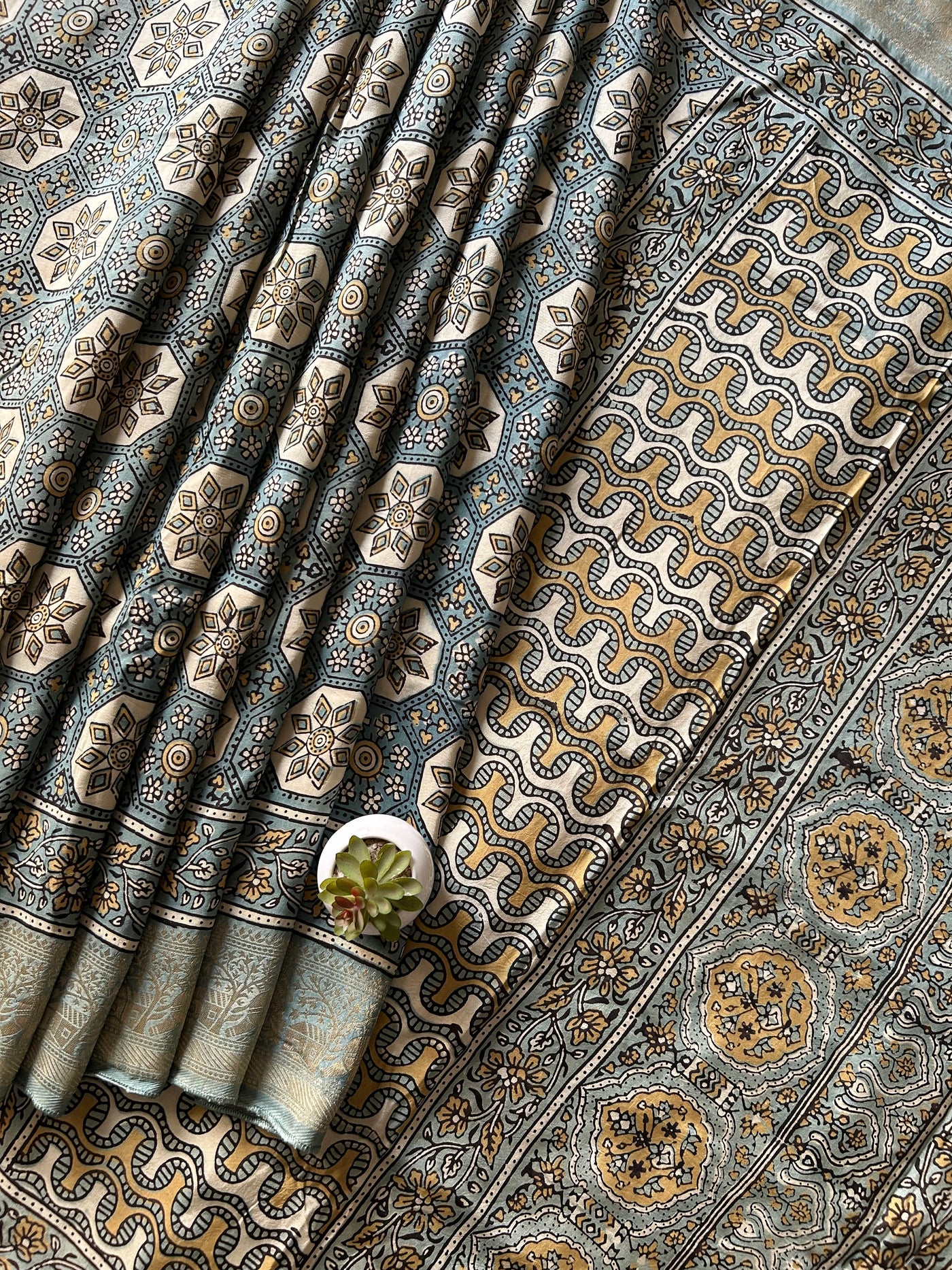 Rubaru:Handblock Ajrakh Dola Silk Saree With Meenakari Pallu.