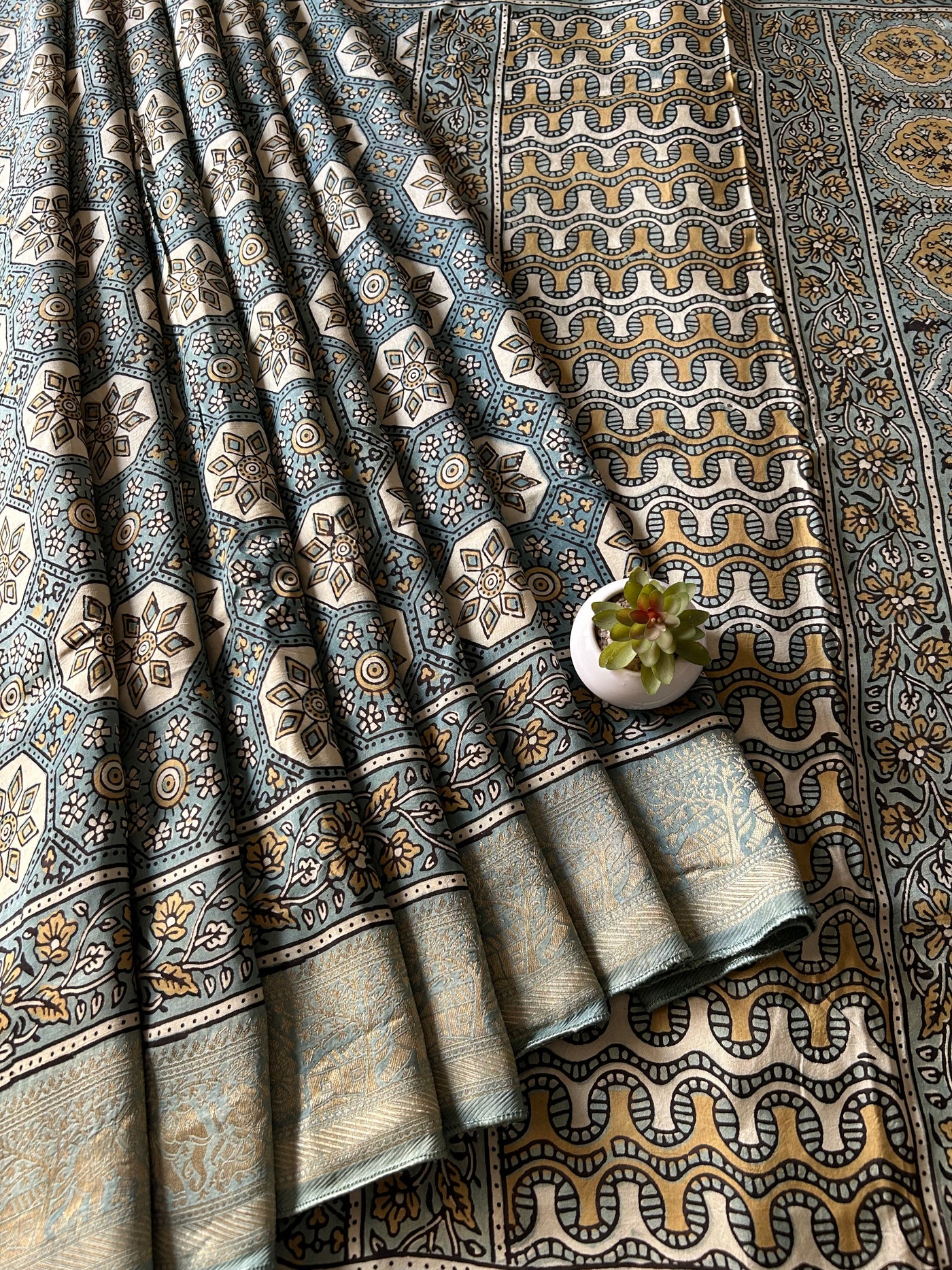 Rubaru:Handblock Ajrakh Dola Silk Saree With Meenakari Pallu.