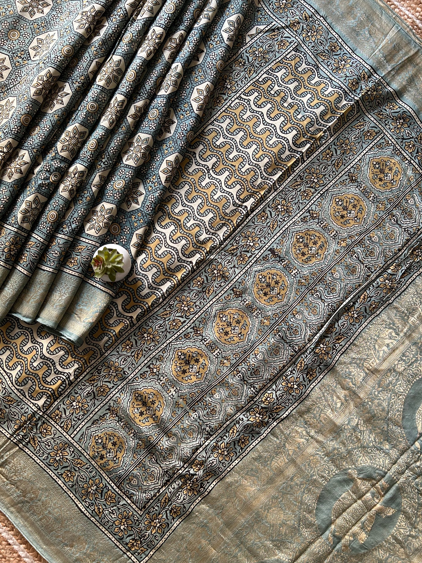 Rubaru:Handblock Ajrakh Dola Silk Saree With Meenakari Pallu.