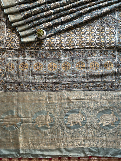 Rubaru:Handblock Ajrakh Dola Silk Saree With Meenakari Pallu.