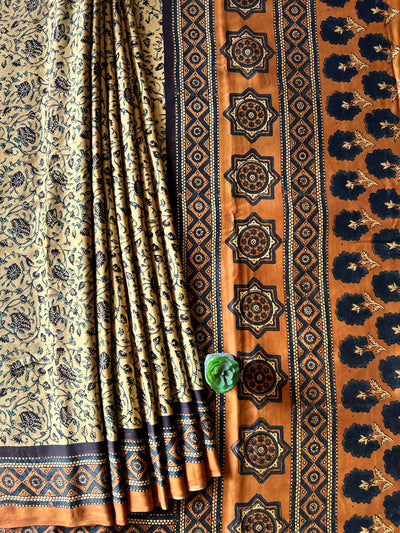 RANG CHAAP:INDIGO,HAND BLOCK AJRAKH MODAL SILK SAREE