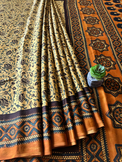 RANG CHAAP:INDIGO,HAND BLOCK AJRAKH MODAL SILK SAREE