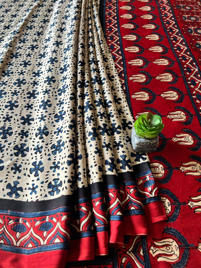 RANGSAAZ:CREAM,HAND BLOCK AJRAKH MODAL SILK SAREE