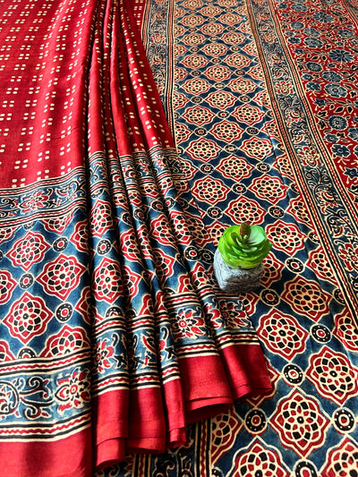 LALIMA:MADDER,HAND BLOCK AJRAKH MODAL SILK SAREE