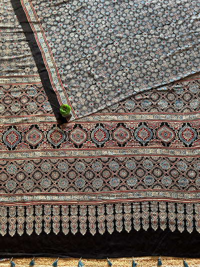 KALKI:BLACK,HAND BLOCK AJRAKH MODAL SILK SAREE
