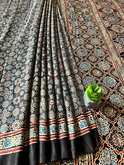 KALKI:BLACK,HAND BLOCK AJRAKH MODAL SILK SAREE
