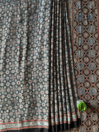 KALKI:BLACK,HAND BLOCK AJRAKH MODAL SILK SAREE