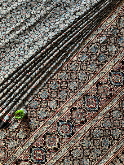 KALKI:BLACK,HAND BLOCK AJRAKH MODAL SILK SAREE